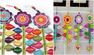 Colorful crochet flowers and leaves create a charming flower decoration hanging on the wall, showcasing intricate crochet patterns.