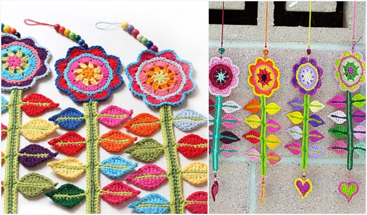 Colorful crochet flowers and leaves create a charming flower decoration hanging on the wall, showcasing intricate crochet patterns.