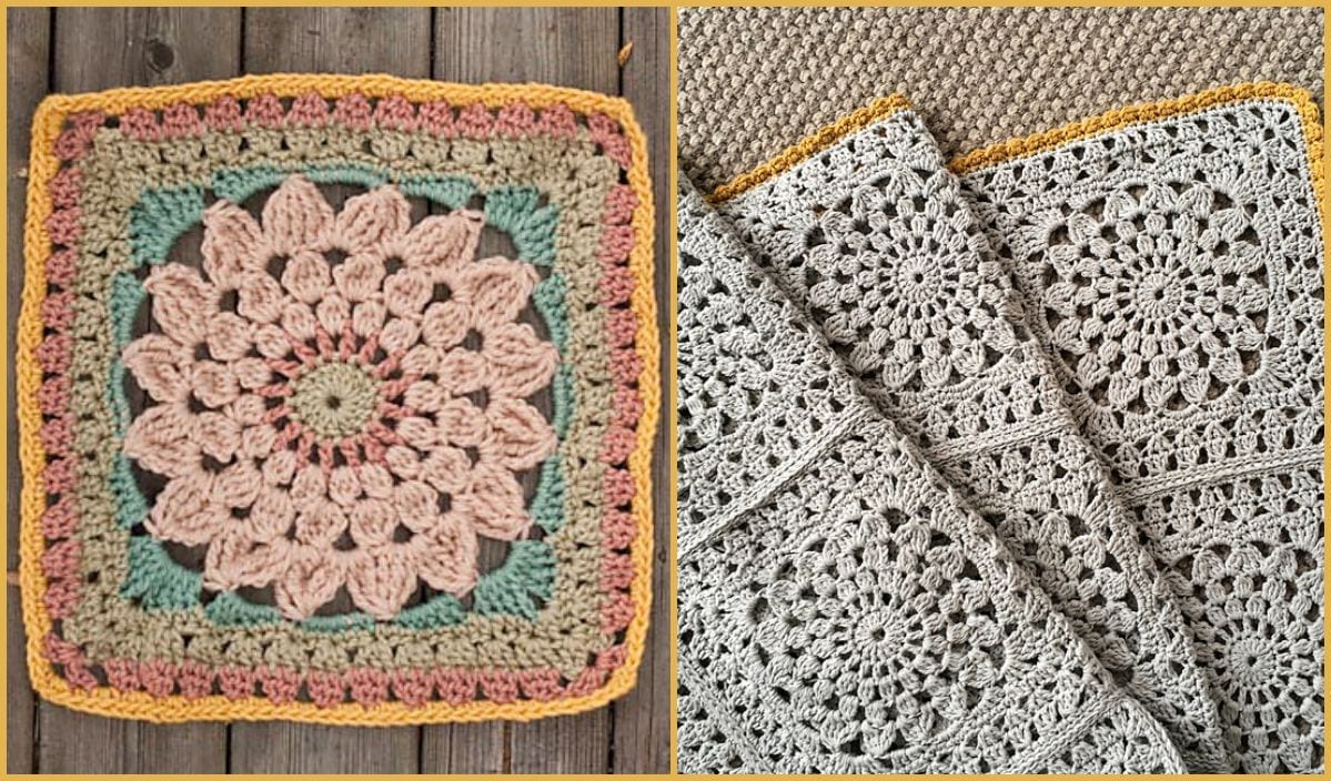 This crochet project beautifully showcases two patterns: a floral granny square on the left and folded grey crochet pieces with circular motifs on the right. Discover inspiration for your next creation, whether it's a cozy decor piece or an elegant Crochet Shawl.