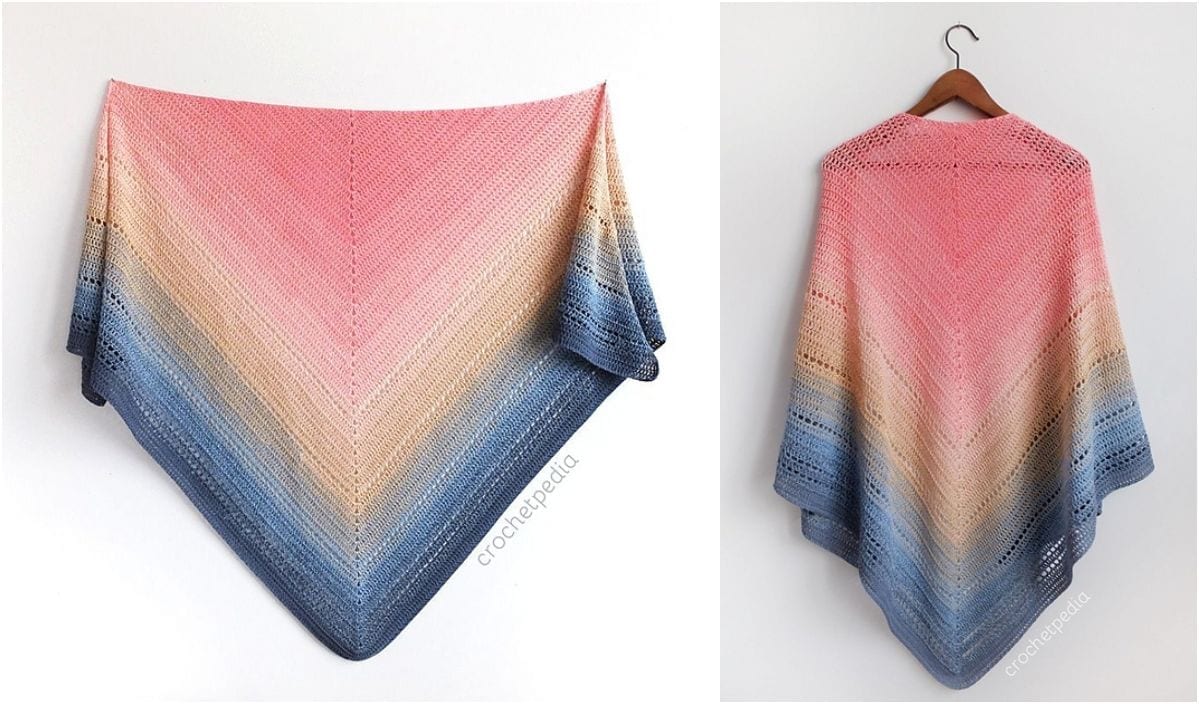 Two beautiful triangular crochet shawls, reminiscent of a lake sunset, showcase gradient pink, beige, and blue tones. These stunning pieces are displayed on a hanger and laid flat against a white background, capturing the elegance of the free crochet pattern used to create them.