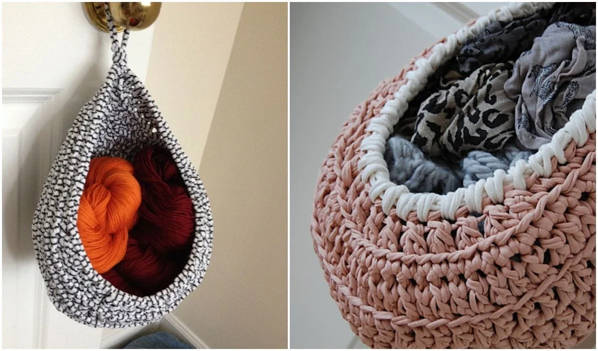 Two crocheted wall baskets, crafted with a free crochet pattern—one in black and white yarn, the other in pink—are perfect for holding various fabrics.