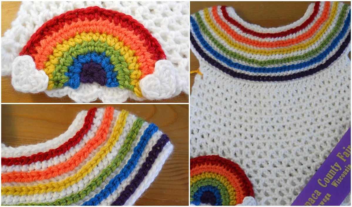 Crocheted items with rainbow designs feature a vibrant headband, a charming rainbow applique, striped patterns on a white dress, and a touch of whimsy with a purple ribbon. Perfect for adding color to any outfit!