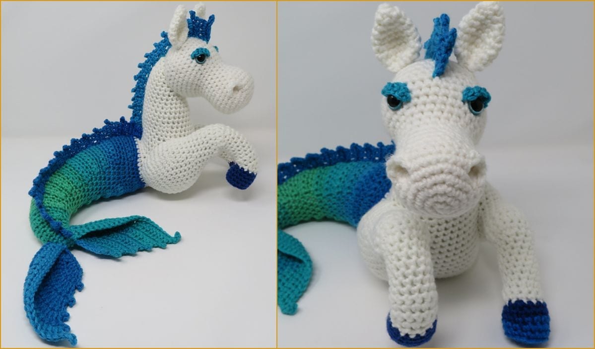 Crocheted sea horse with a white head, blue and green tail, and blue accents on mane and fins. Shown from side and front angles, this delightful design ties into a larger collection featuring unique creations like the Rainbow Bobble Heart crochet pattern.