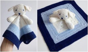 A crocheted blue and white square blanket, featuring a stuffed animal head and arms at its center, resembles a small creature. Perfect for those looking to master their skills with a crochet tutorial.