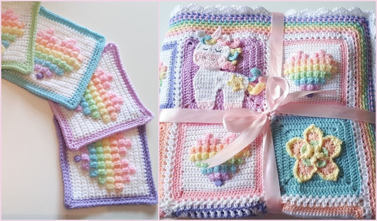 This crocheted blanket features a unicorn and rainbow design in pastel colors, neatly folded and tied with a pink ribbon. Crafted using a free crochet pattern, it adds a whimsical touch to any room.