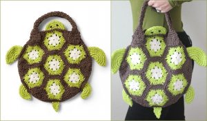 A crocheted turtle-shaped handbag featuring a C2C pattern with green and brown coloring, highlighted by hexagonal designs and detailed limbs.