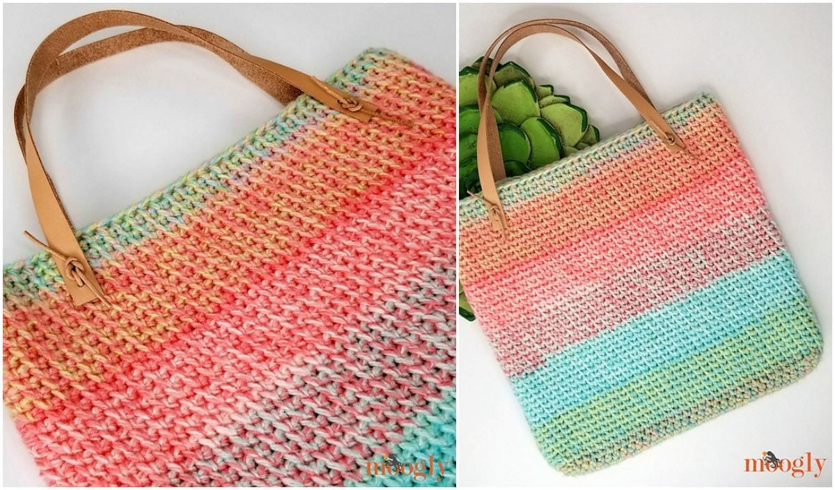 Introducing the Sherbet Stripes Tote, a delightful crochet tote bag with beige handles and charming horizontal stripes in pastel pink, green, and blue. Perfect for any outing, this lovely accessory comes with a free crochet pattern to craft your own vibrant version.