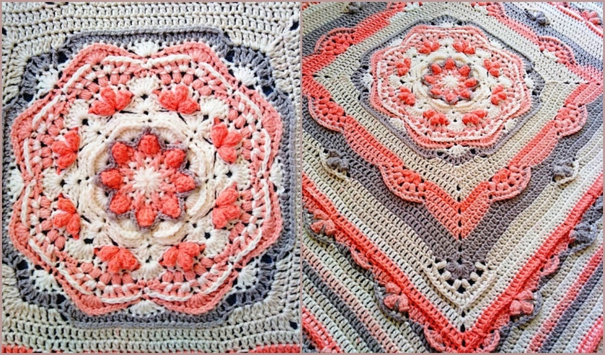 Close-up of a colorful crocheted Slow Down Blanket, showcasing intricate patterns and a circular floral motif at its center. This exquisite piece, featuring shades of coral, beige, and gray, is inspired by a free crochet pattern perfect for adding warmth and style to any space.