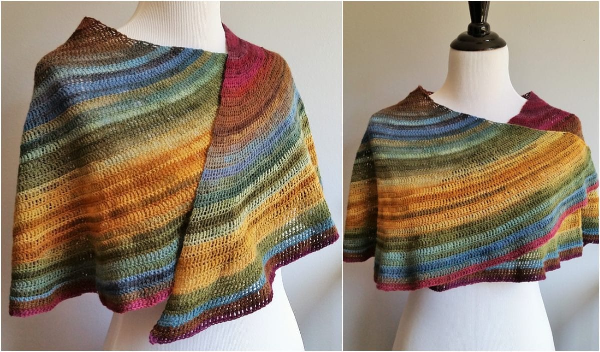 Two views of a multicolored knitted shawl draped over a mannequin, resembling a cozy blanket with stripes in blue, brown, yellow, green, and pink tones. Perfect for those inspired by the Myriad CAL to experiment with their own free crochet pattern designs.