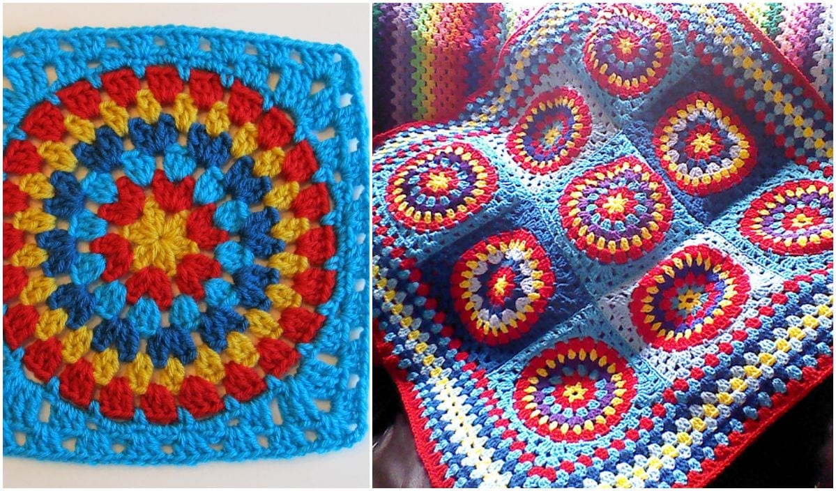 Colorful crochet designs: The left shows a vibrant mandala square with red, yellow, and blue. The right features an owl basket blanket made of similar patterns, each square a whimsical crochet pattern masterpiece.