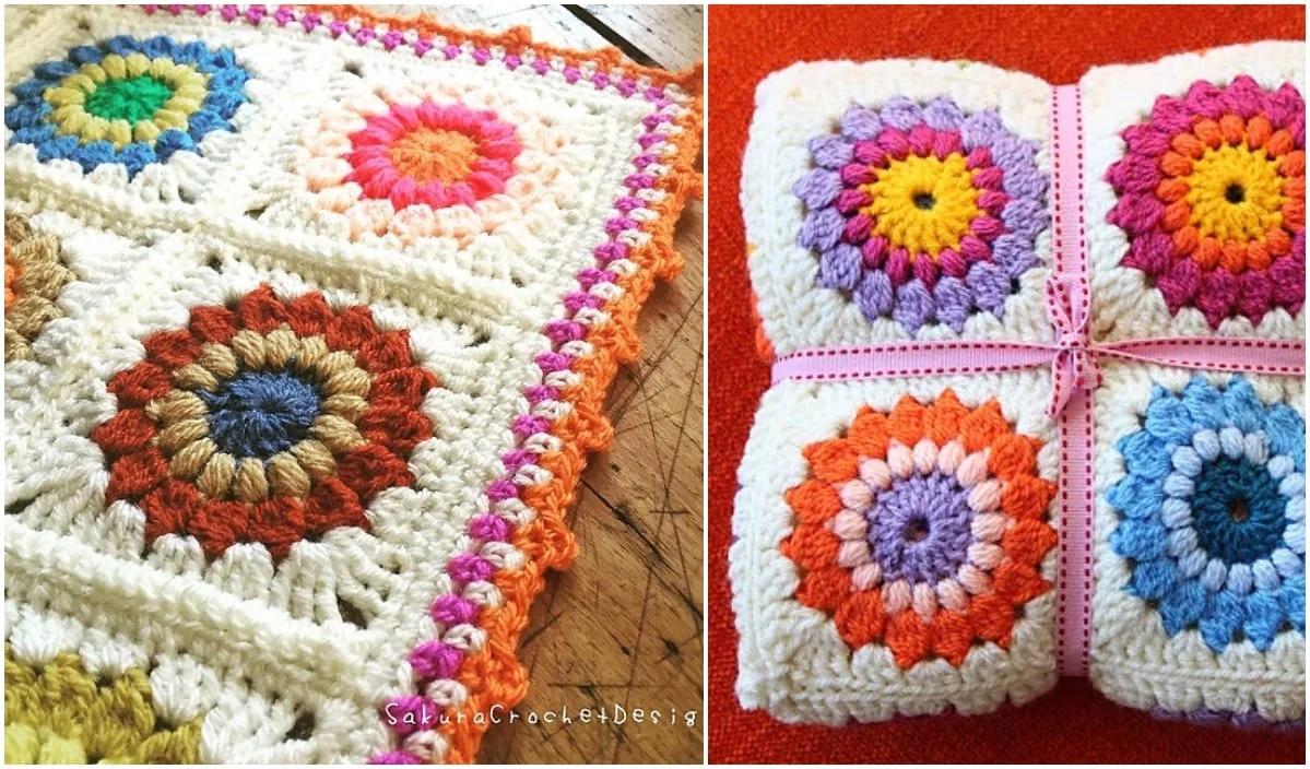 Colorful sunburst granny squares showcasing circular patterns in vibrant combinations. One image displays the squares artfully arranged, while another shows them tied with a pink ribbon. Explore endless possibilities with these crochet patterns perfect for any project.