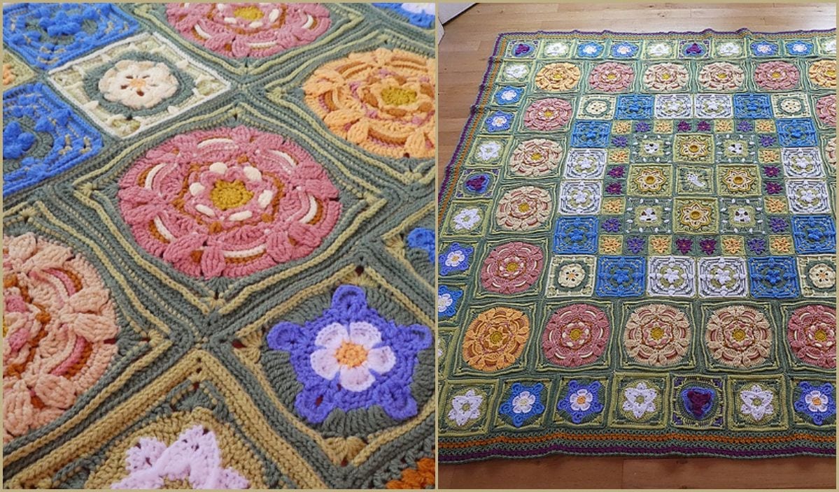 The delightful Secret Garden Blanket, featuring a charming free crochet pattern, showcases floral square designs in a vibrant mix of pink, yellow, blue, and green as it elegantly spreads across the wooden floor.