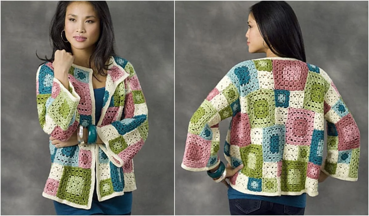 A woman showcases a colorful crochet patchwork cardigan, reminiscent of the popular Tulsa Jacket, beautifully displayed from both front and back angles.