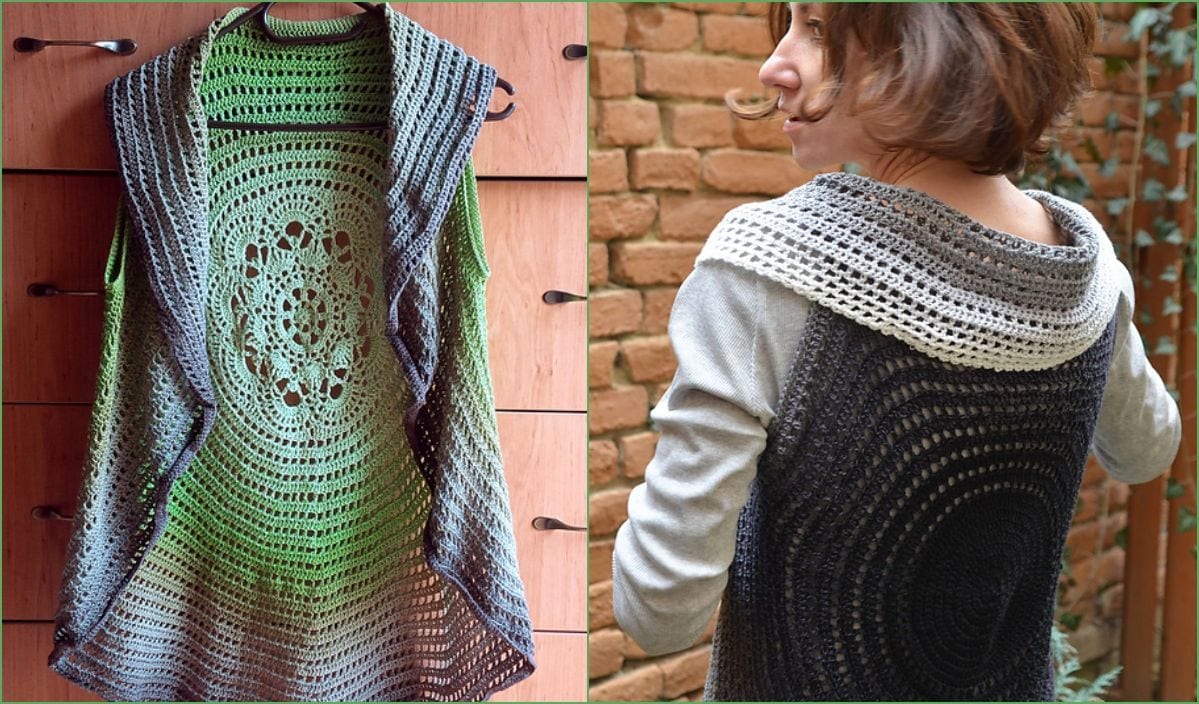 A crocheted circular vest, reminiscent of a Whirl Mandala Cardigan, showcases intricate patterns. Displayed on a hanger and worn by a person, this piece features shades of green, gray, and black. It's perfect for those seeking inspiration from a free crochet pattern.