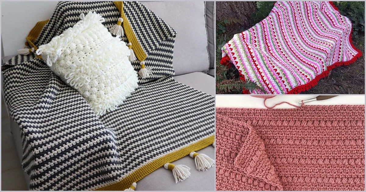 Three crochet blankets: a black and white striped blanket with tassels, a colorful patterned blanket outdoors, and a close-up of a pink crocheted blanket with an amigurumi stitch hook.