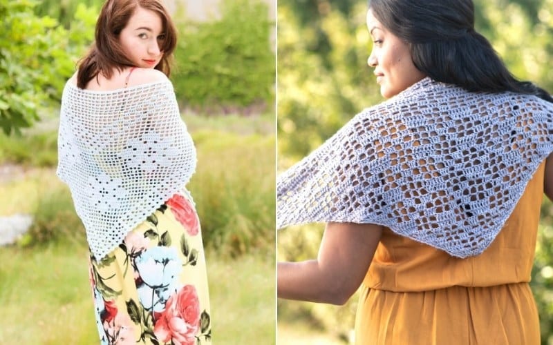 Two women wearing airy crochet shawls stand outdoors, one in a floral dress and the other in a yellow dress. The shawls, crafted from free patterns, feature intricate lace designs.