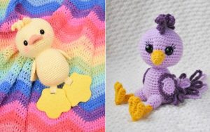 Two charming amigurumi bird toys: a yellow duck with large feet resting on a colorful blanket and a purple bird, showcasing intricate crochet patterns on its wings and tail, perched elegantly on a white surface.