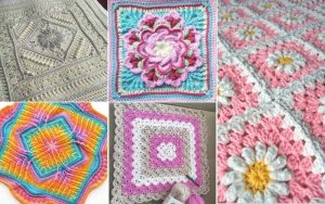 A collage of five vibrant crochet Afghan patterns, showcasing squares with floral and geometric designs in a variety of colors, including pink, gray, and multicolor.