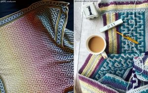 Two crochet projects in progress, featuring intricate mosaic crochet patterns and colorful yarn. One project includes a cup of tea and a calendar showing July.
