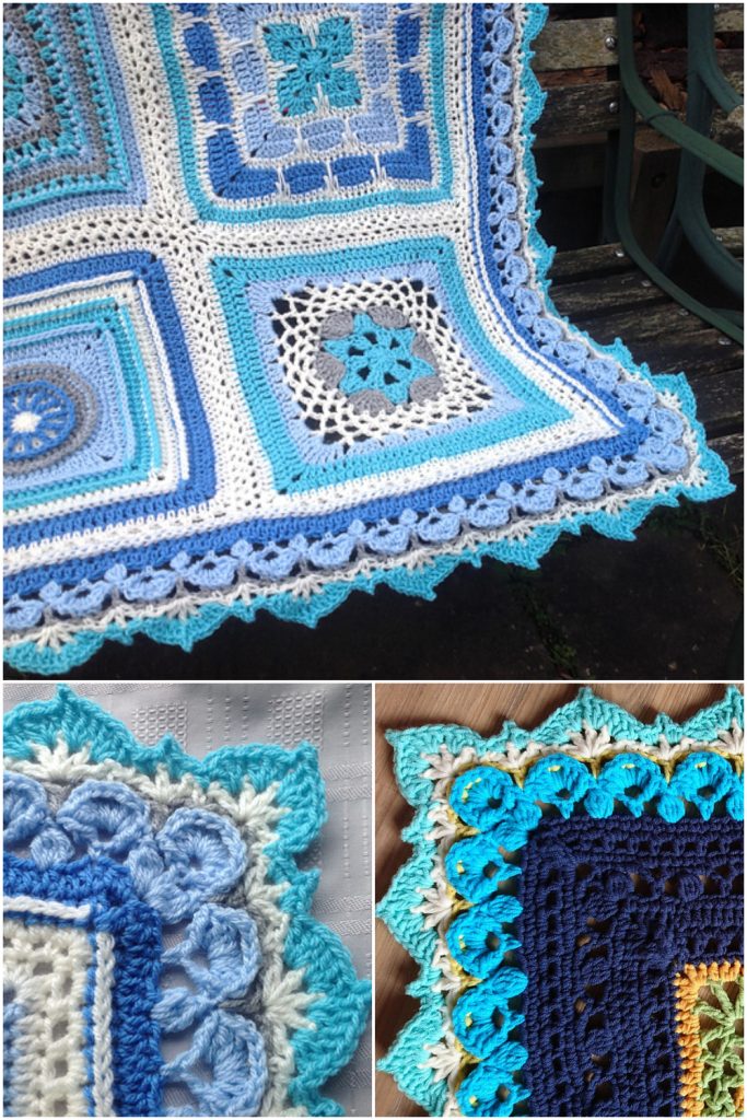 Three close-up shots of crocheted blankets in blue, white, and turquoise hues, featuring intricate patterns and textured crochet blanket borders, displayed on different surfaces.