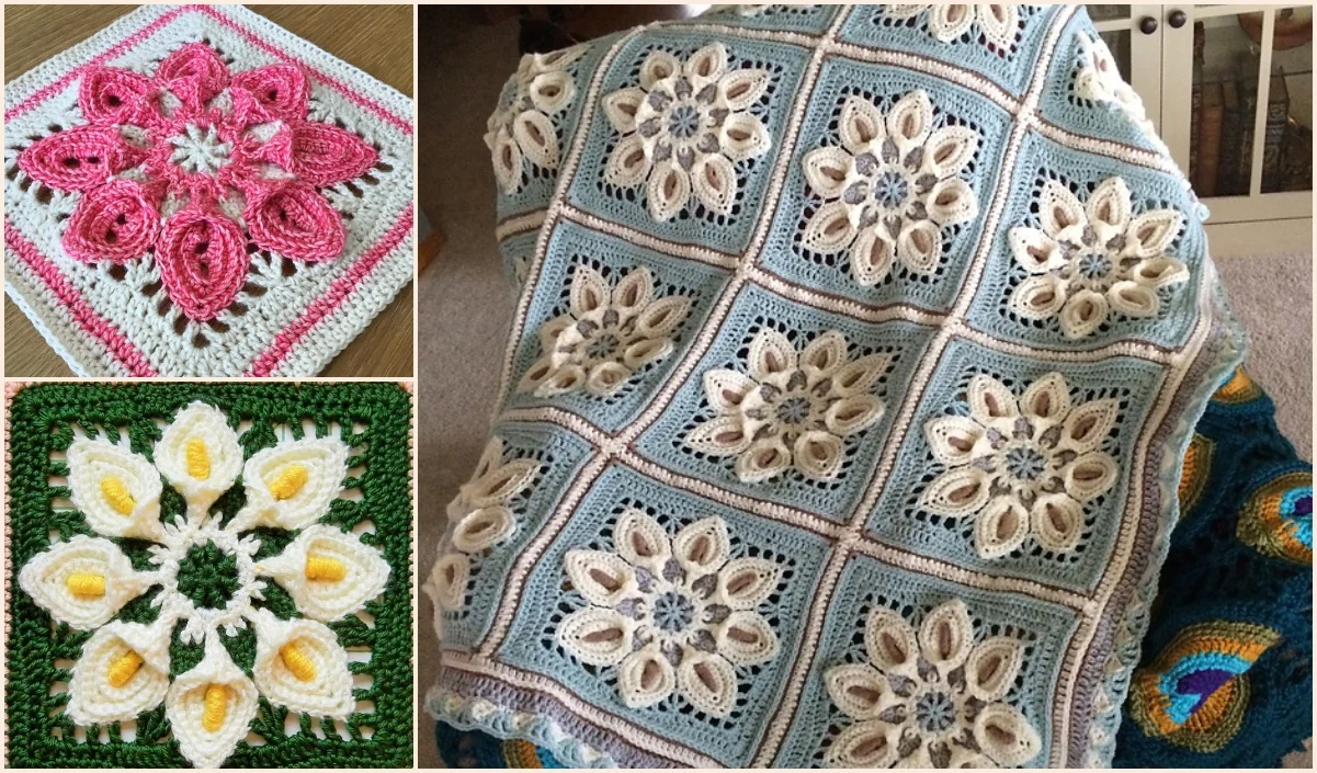 Discover the charming crochet quilt boasting Puritans Square patterns in floral designs. With pink, white, and yellow hues on green and blue backgrounds, this blanket is ideal for those seeking free crochet patterns or a detailed video tutorial.