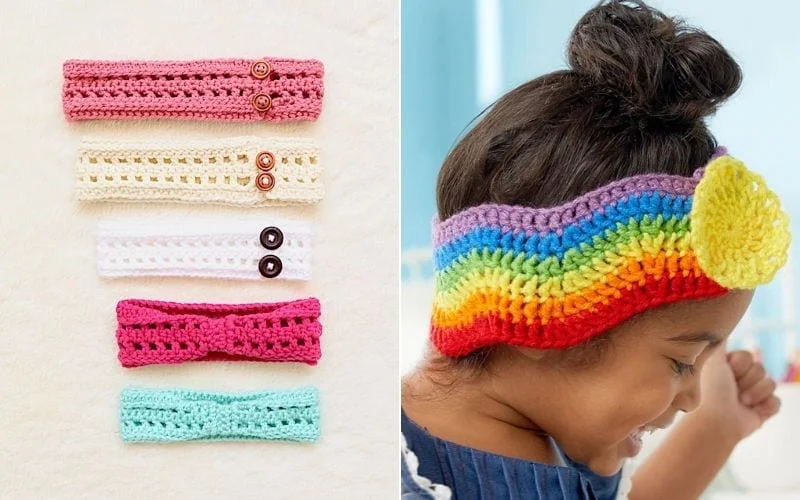 Five adorable crocheted headbands with buttons are on the left. On the right, a child wears a colorful rainbow baby headband with a charming yellow detail. A delightful addition to any collection of baby accessories.