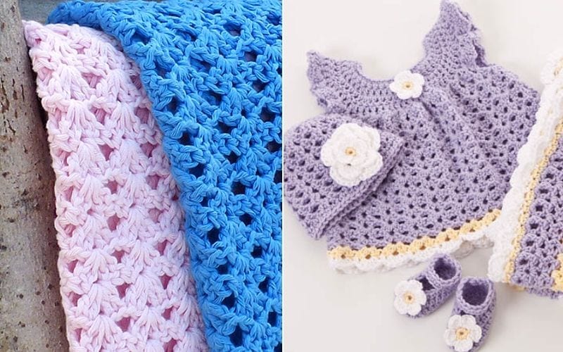 Crocheted items include pink and blue blankets on the left, showcasing a delightful shell stitch pattern, and a lavender baby outfit with matching hat and shoes on the right. Discover free patterns to recreate these charming designs yourself.