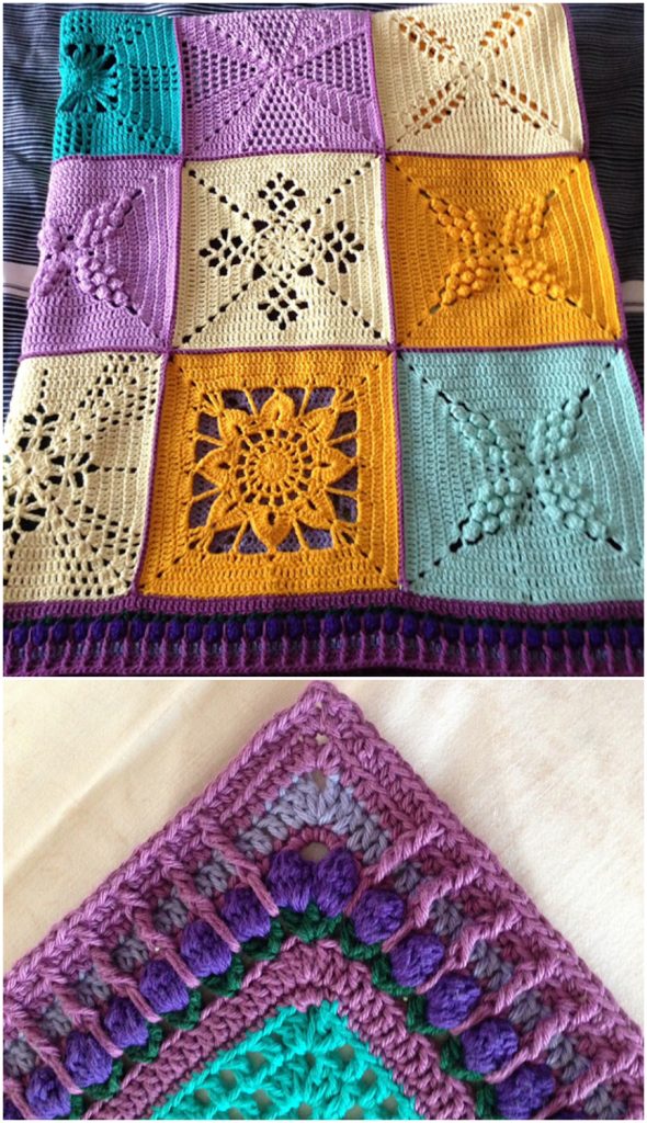 A colorful crocheted blanket with square motifs in purple, yellow, teal, and cream. The close-up shows detailed crochet stitches and a decorative corner crochet blanket edging.