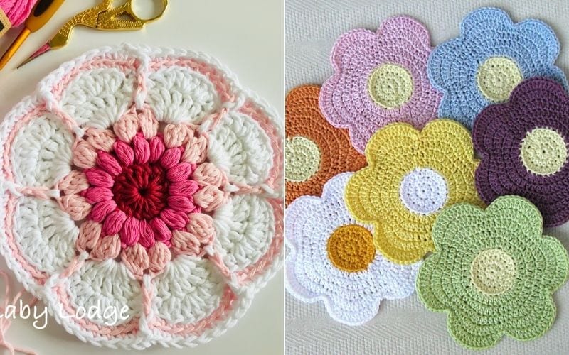 Crocheted floral designs bloom in the form of delicate dishcloths: a pink and white mandala pattern graces the left, while colorful flower shapes on the right burst with shades of pink, yellow, purple, and green. Scissors rest in the top left corner.