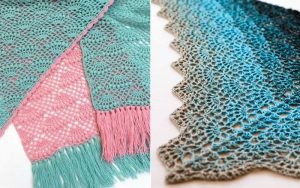 Two crocheted shawls: one with pink and turquoise patterns and fringes, and another classy design with a blue gradient and scalloped edge, showcasing elegant craftsmanship.