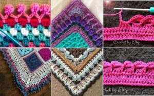 Collage of six colorful crochet patterns with intricate edgings, showcasing various stitch designs in pink, blue, purple, and brown hues.
