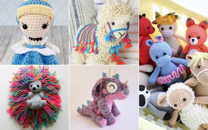 A delightful collage of amigurumi creations features crochet animals and figures, including a doll, llama, hedgehog, dinosaur, and a basket filled with small creatures. These cute projects are all beautifully colorful and crafted with yarn.