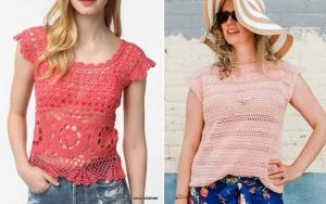 Two women wearing crochet summer tops. The left sports a red short-sleeve top with floral patterns, while the right dons a pink cap-sleeve top with horizontal stripes, complemented by a sun hat and sunglasses. Ideal for those seeking crochet summer tops patterns for free.