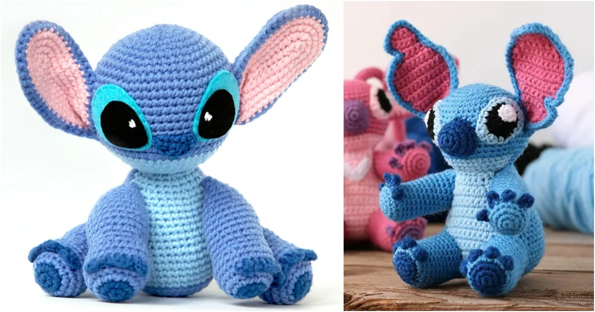 Two amigurumi blue alien-like creatures with large ears are shown. One has pink inner ears, while the other sports a pink nose. Crafted using a free crochet pattern, they sit on a surface with a blurred background, highlighting their intricate stitch details.