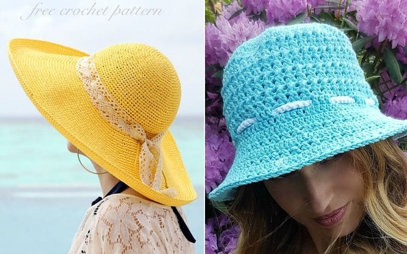 Side-by-side image of a yellow crocheted wide-brim sunhat and a blue crocheted bucket hat worn by women, with vibrant flowers in the background. These easy crochet designs bring a charming touch to any sunny day outing.