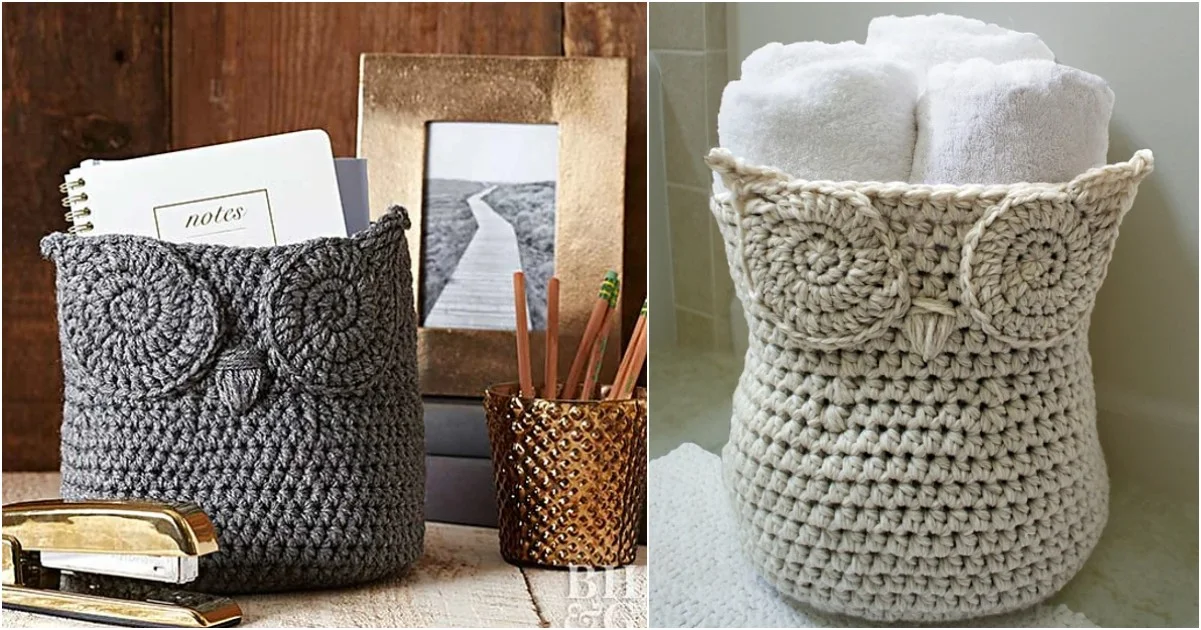 Two crocheted owl basket containers: one in gray holding a notepad, and the other in white with towels inside. Both boast intricate owl face details, showcasing a delightful crochet pattern.