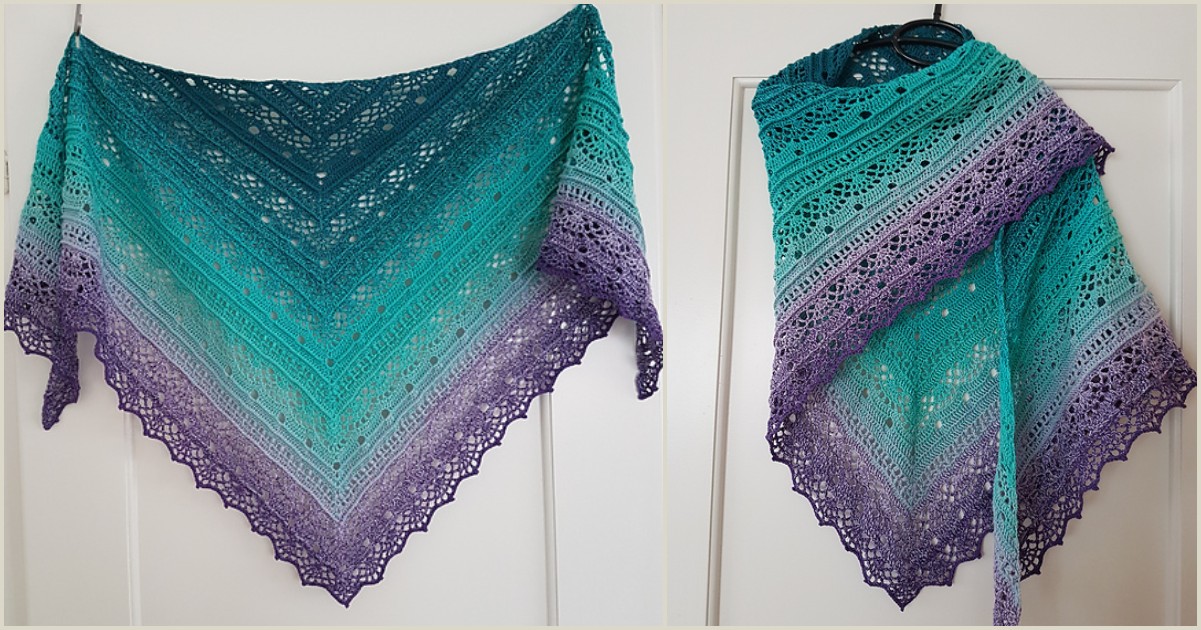 Two views of the stunning Sis Love crochet shawl showcase a beautifully blended gradient pattern that transitions from teal to purple, set against a clean white background.