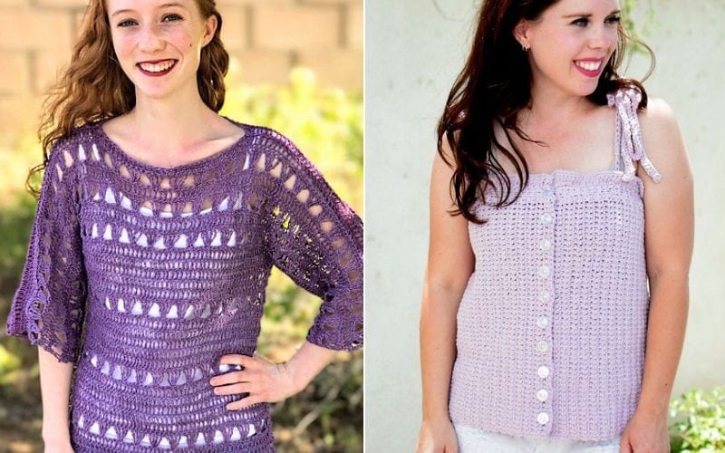 Two women showcasing summer fashion in purple crochet tops are all smiles. The left sports a loose-knit design with wide sleeves, while the right wears a playful sleeveless top featuring buttons and a shoulder tie—perfect examples of fun tops for the season.