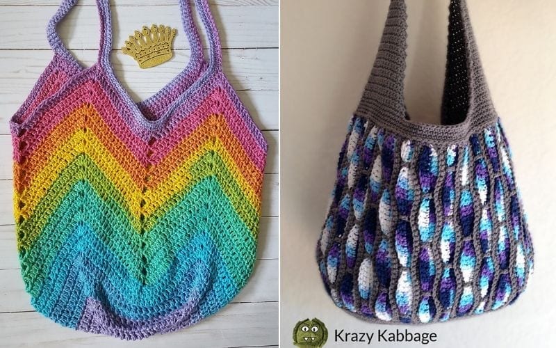 Two colorful crochet bags serve as great shoulder bags: the left one boasts a vibrant rainbow chevron pattern, while the right features a scaled, multicolored design.