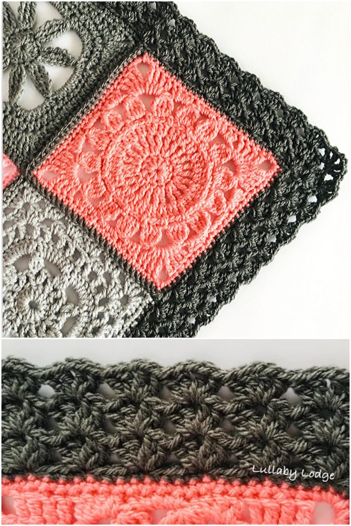 Two close-up photos of crocheted granny squares in gray and coral yarn showcase a beautifully detailed crochet blanket border in dark gray, adding an elegant lacy finishing touch.