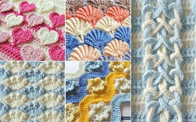 A marvelous collage of crochet patterns, showcasing stitches in hearts, shells, and geometric designs in both pastel and bright colors.