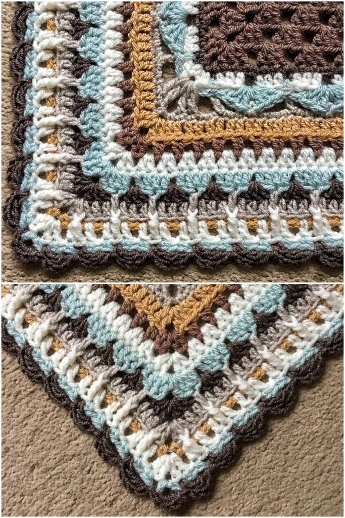 Two close-up views of a crocheted blanket with scalloped crochet blanket edging, featuring brown, mustard yellow, white, gray, and light blue yarn laid on a carpeted floor.