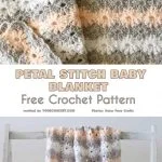 Crochet Baby Blankets: This delightful crochet blanket featuring peach, gray, and white stripes drapes elegantly over a wooden stand. Text reads: 