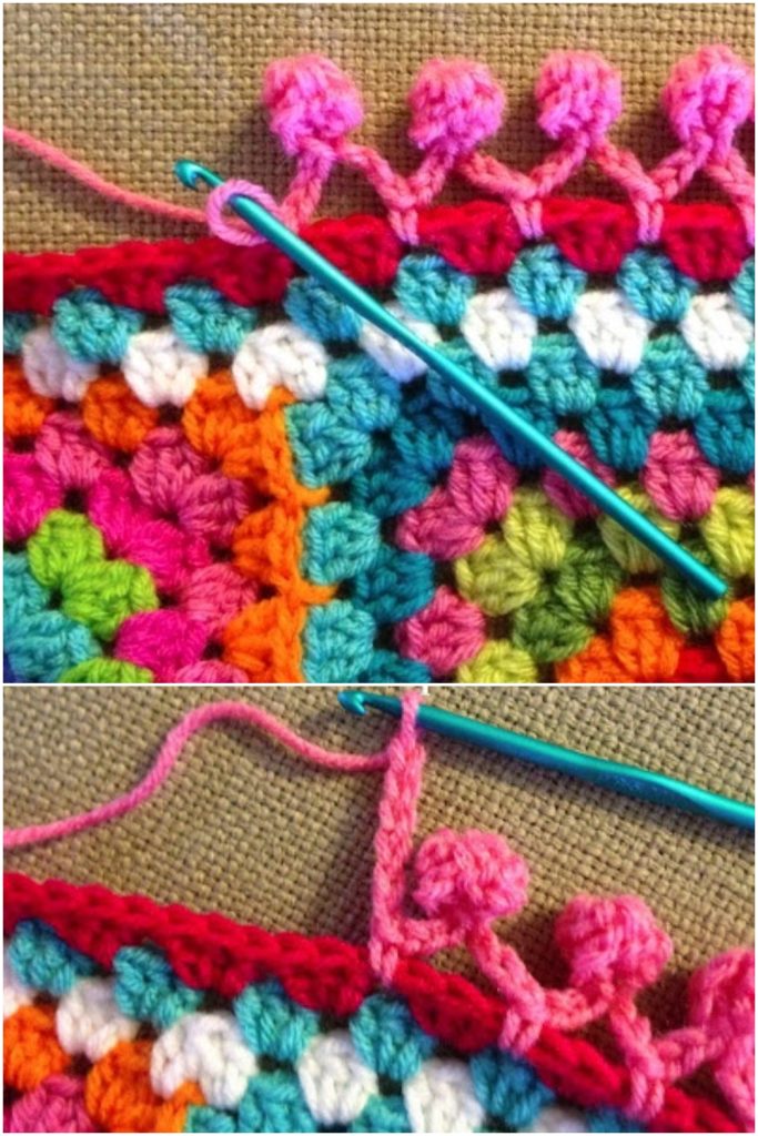 A crochet hook creates a pink bobble stitch crochet blanket border on a colorful granny square blanket, shown in two close-up steps.