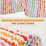 A vibrant crochet baby blanket featuring ruffled stripes in an array of colors. Tools and a piece of blue crochet work are visible at the bottom, perfect for exploring baby crochet patterns and crafting your own unique creation.