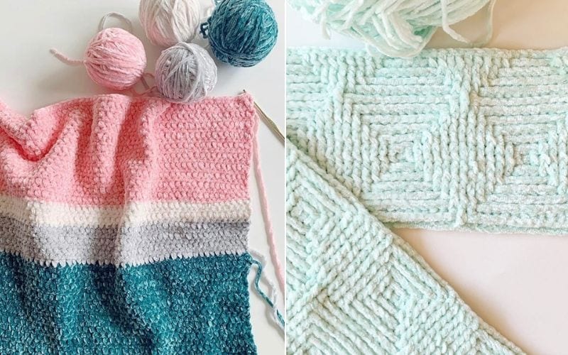 A knitted project featuring pink, white, and teal yarn on the left and a teal textured pattern on the right is displayed alongside balls of yarn, perfect for creating adorable baby accessories like cute infant headwear.