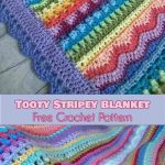 Colorful crocheted blanket with stripes and textured patterns, featuring a border, displayed in two different images. Perfect for crochet baby blankets enthusiasts, the text at the bottom contains free pattern information.