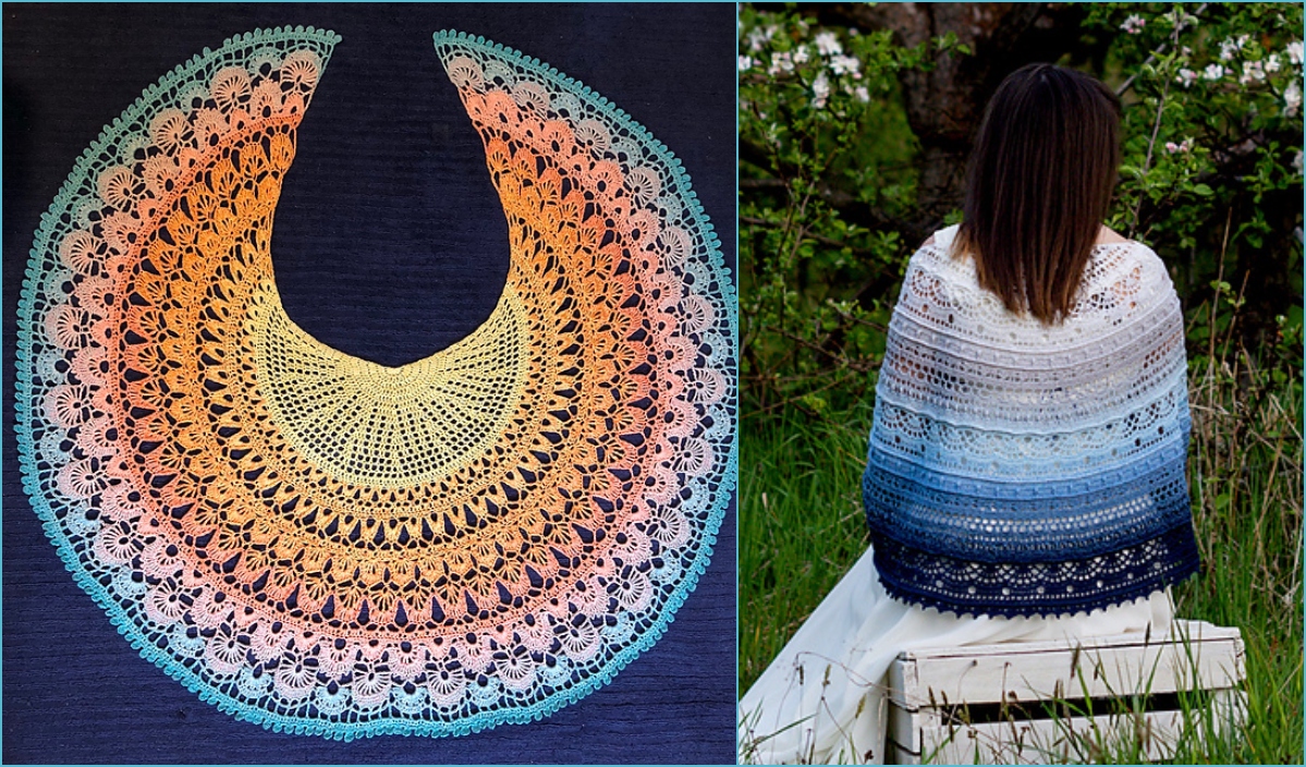 Left: A circle-shaped shawl in pastel colors. Right: A person wearing a blue ombre crocheted shawl, sitting outdoors on a white bench, perhaps exploring free crochet patterns for their next creation.