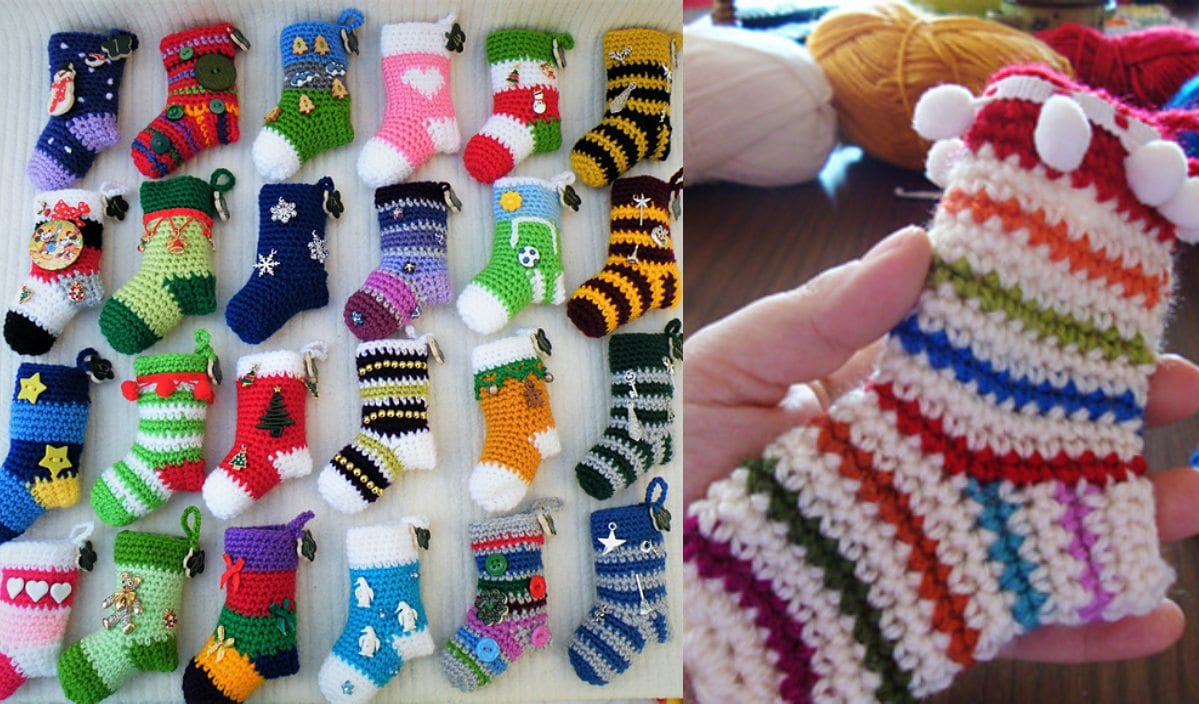 A collection of colorful, small knitted stockings displayed on the left, with a multicolored stocking held in a hand on the right—ideal for those seeking inspiration from a crochet pattern.