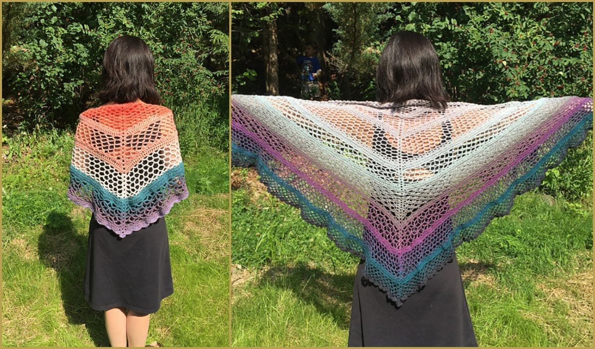 A person outdoors wearing a multicolored, crocheted shawl, reminiscent of the Miarly CAL Blanket, displayed spread out in both images.